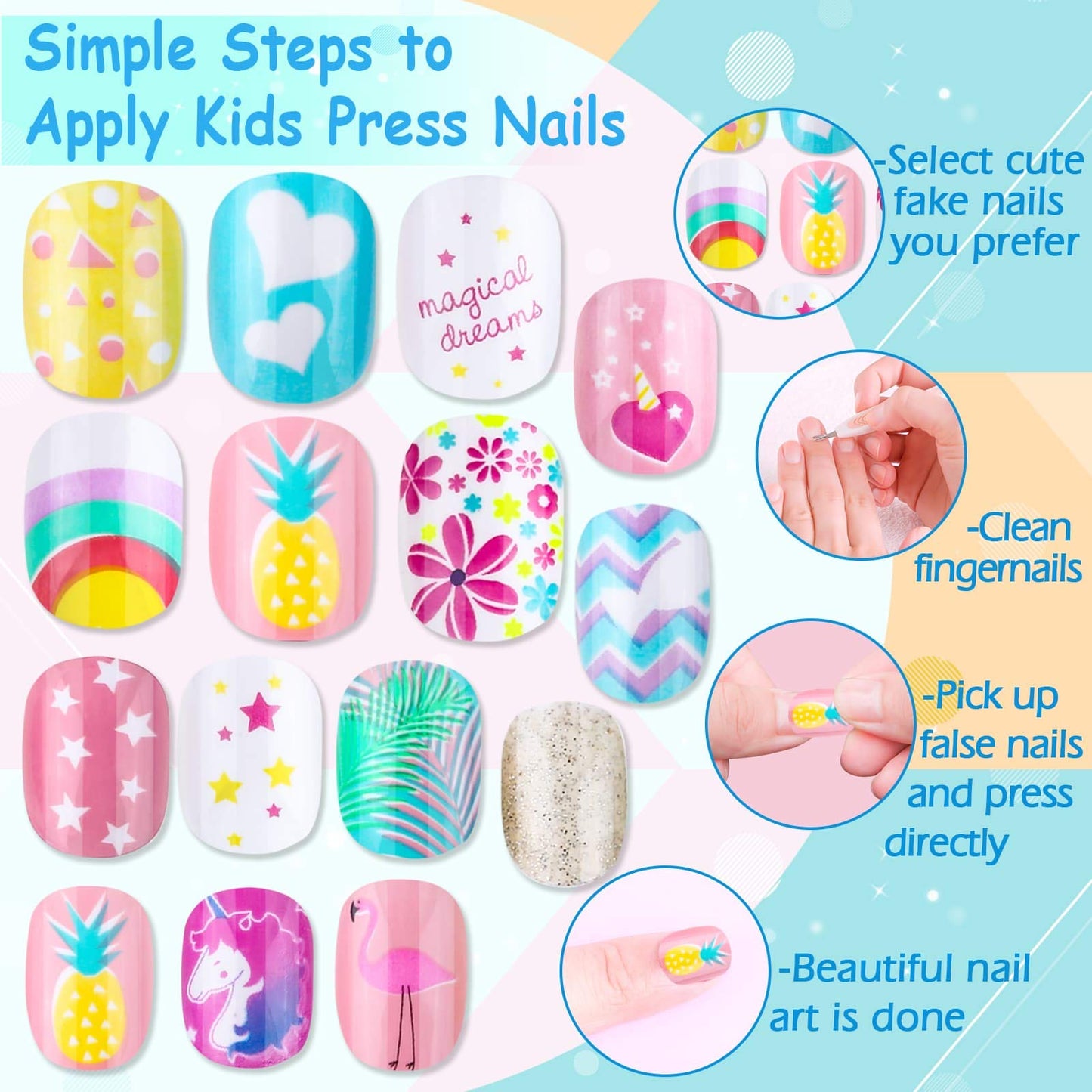 Grils Press On Nails Mini 24Pieces Press-On Manicure for Kids Pink Kids Size Squoval Shape, Includes Nails with Removable Application Tabs