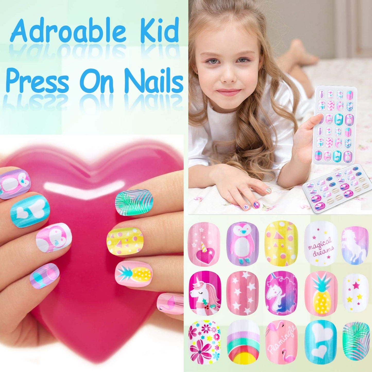 Grils Press On Nails Mini 24Pieces Press-On Manicure for Kids Pink Kids Size Squoval Shape, Includes Nails with Removable Application Tabs
