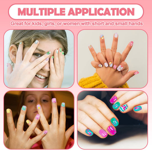Uñas postizas Grils (24 unidades) para manicura infantil, en color rosa, con forma ovalada. Incluye pestañas de aplicación extraíbles. 