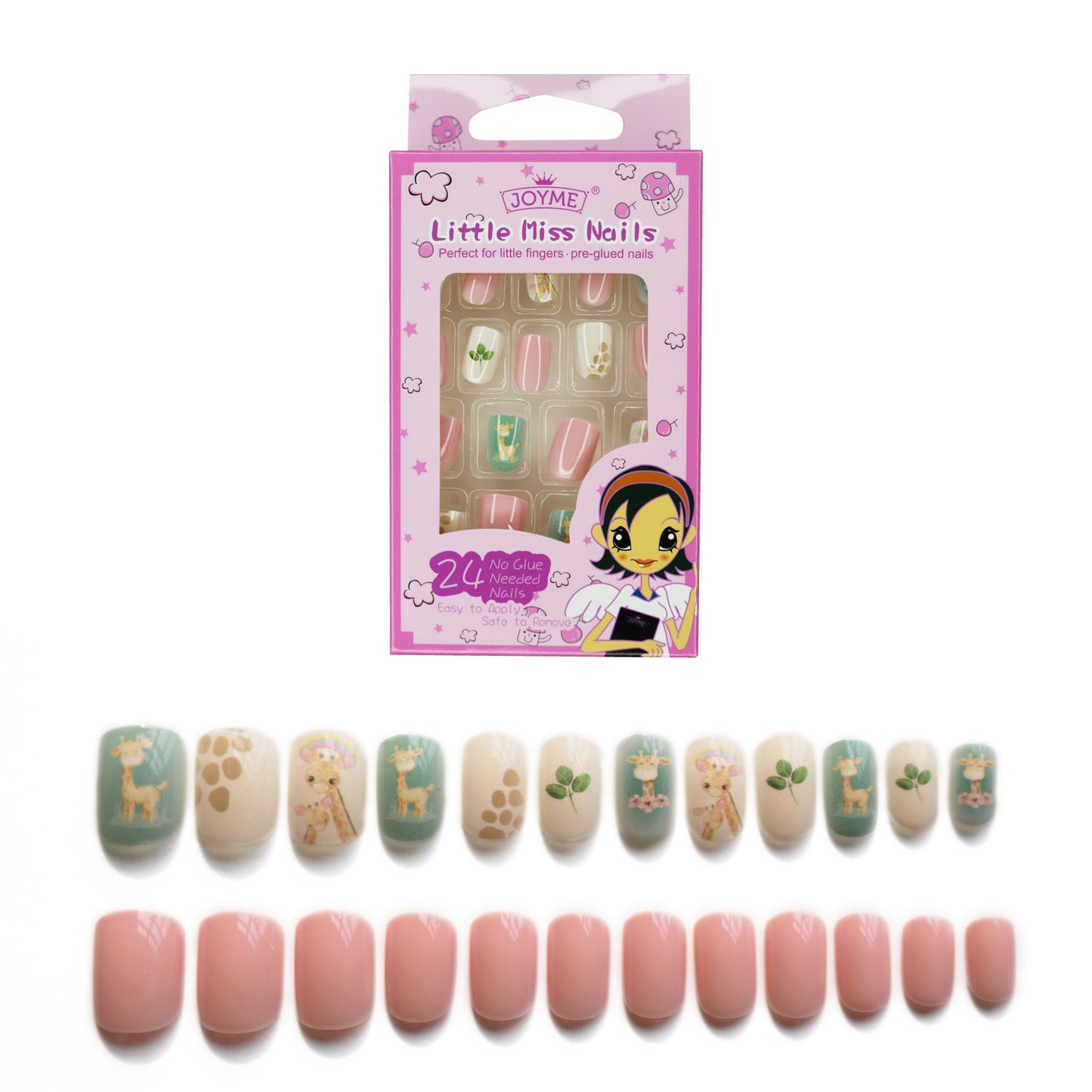 Grils Press On Nails Mini 24Pieces Press-On Manicure for Kids Pink Kids Size Squoval Shape, Includes Nails with Removable Application Tabs