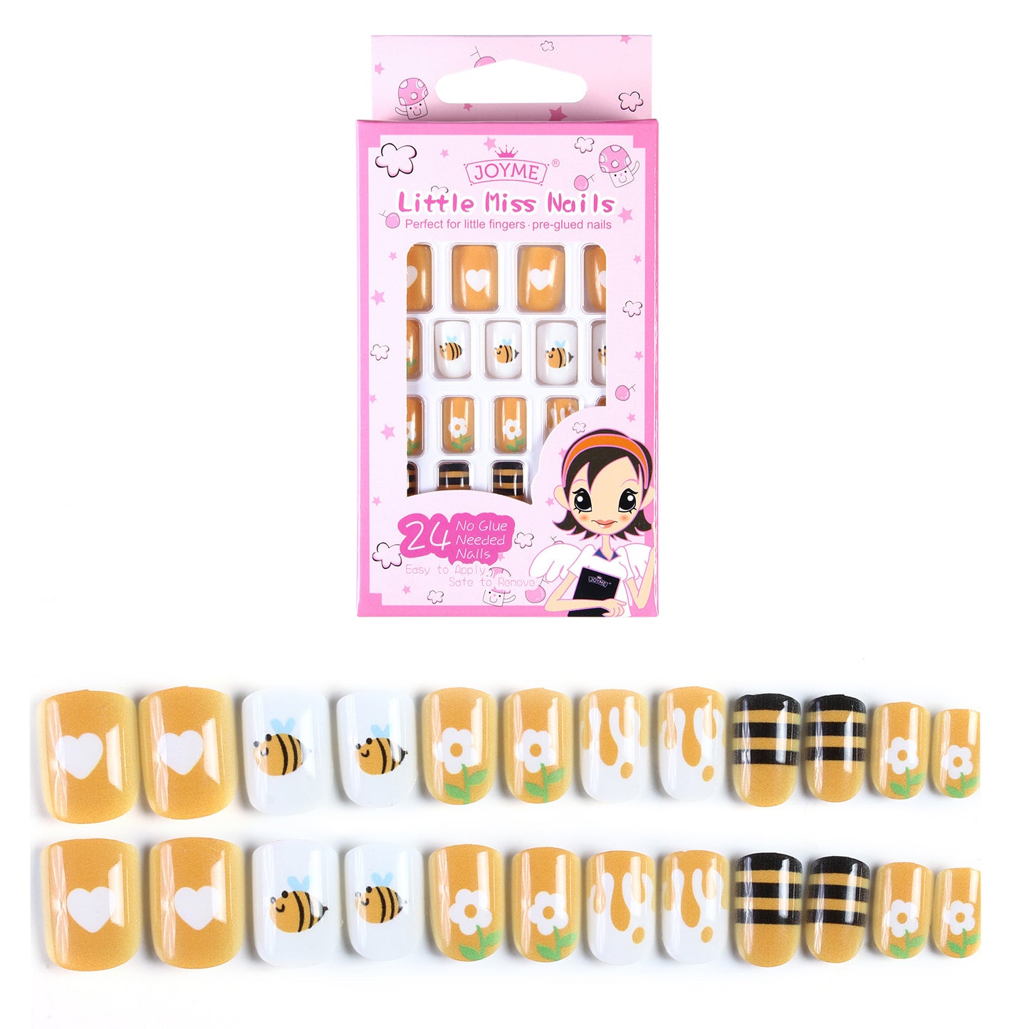 Grils Press On Nails Mini 24Pieces Press-On Manicure for Kids Pink Kids Size Squoval Shape, Includes Nails with Removable Application Tabs