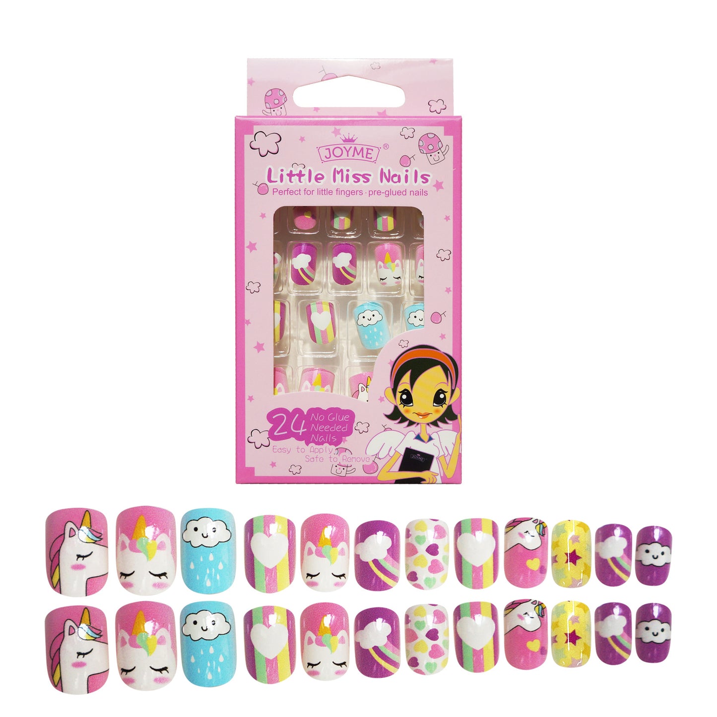 Grils Press On Nails Mini 24Pieces Press-On Manicure for Kids Pink Kids Size Squoval Shape, Includes Nails with Removable Application Tabs