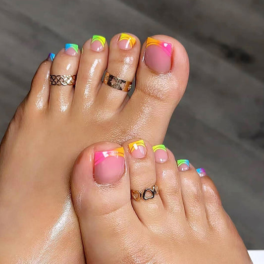24 Pcs Press on Toenails Short Square - MINGCHUN Summer Colorful French Fake Toe Nails Art Tips Full Cover