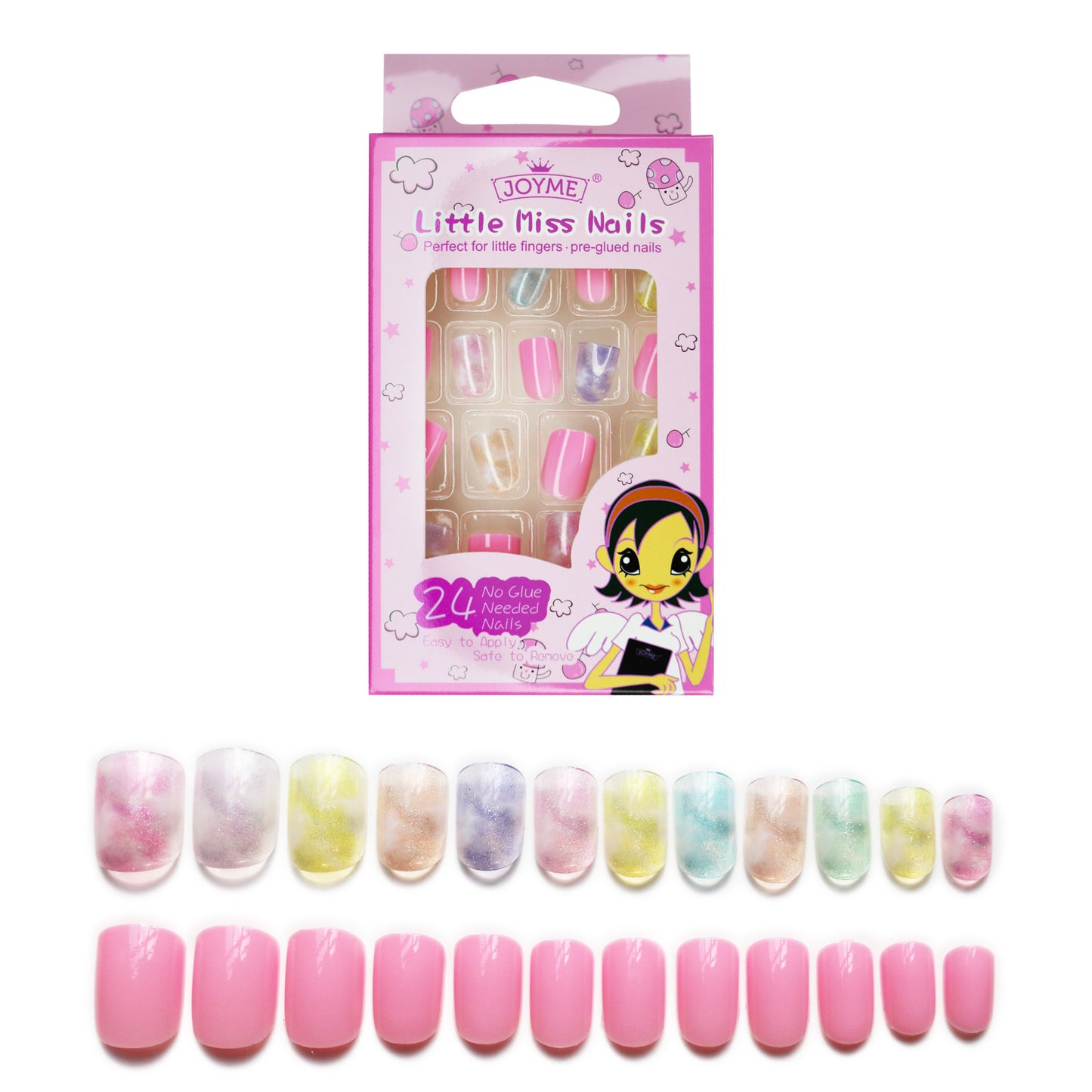 Grils Press On Nails Mini 24Pieces Press-On Manicure for Kids Pink Kids Size Squoval Shape, Includes Nails with Removable Application Tabs