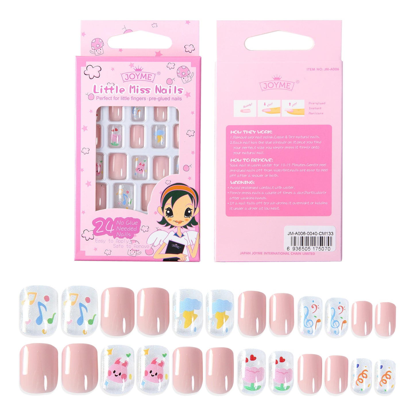 Grils Press On Nails Mini 24Pieces Press-On Manicure for Kids Pink Kids Size Squoval Shape, Includes Nails with Removable Application Tabs