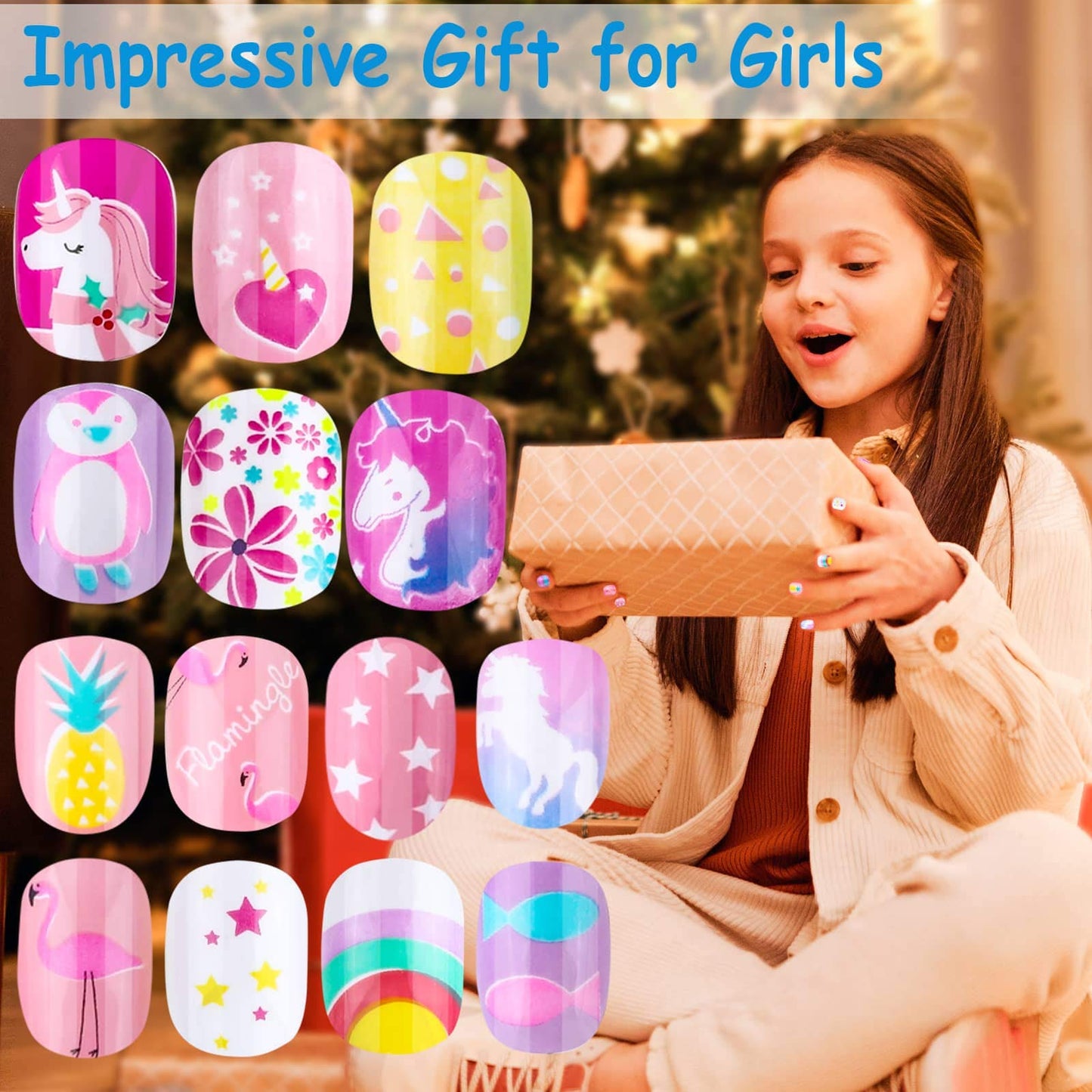 Grils Press On Nails Mini 24Pieces Press-On Manicure for Kids Pink Kids Size Squoval Shape, Includes Nails with Removable Application Tabs