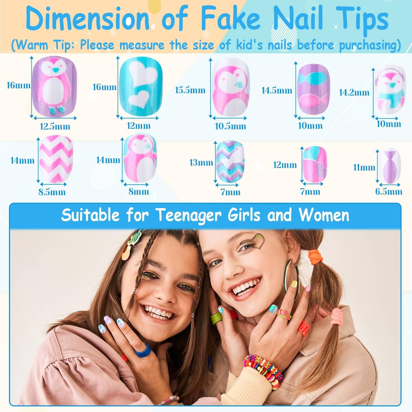 Grils Press On Nails Mini 24Pieces Press-On Manicure for Kids Pink Kids Size Squoval Shape, Includes Nails with Removable Application Tabs