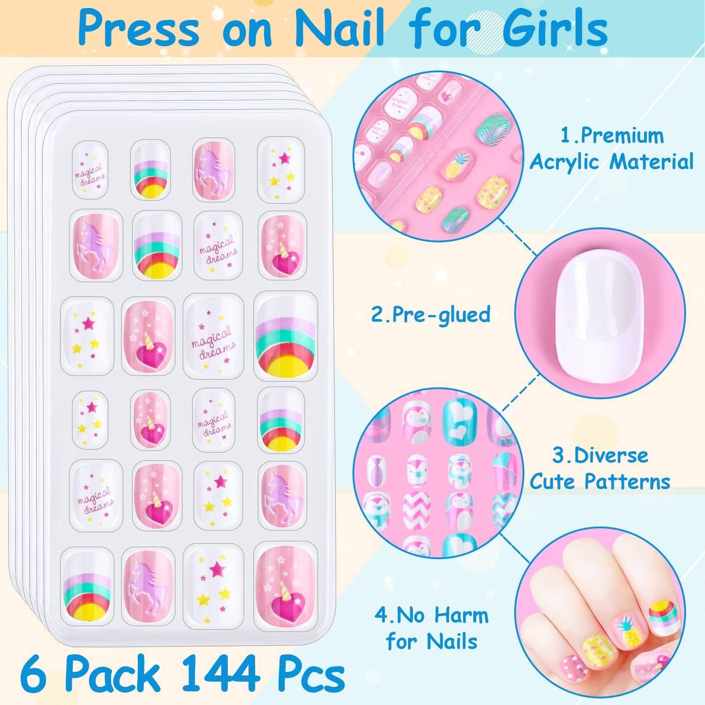 Grils Press On Nails Mini 24Pieces Press-On Manicure for Kids Pink Kids Size Squoval Shape, Includes Nails with Removable Application Tabs